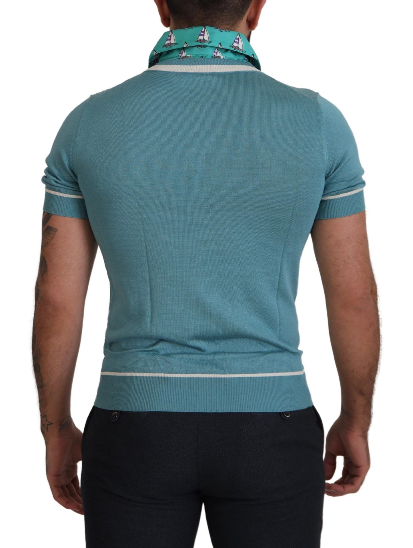 Dolce & Gabbana Blue Silk Polo Top Mens V-Neck 티셔츠