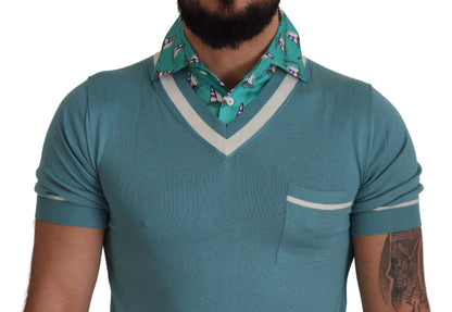 Dolce & Gabbana Blue Silk Polo Top Mens V-Neck 티셔츠