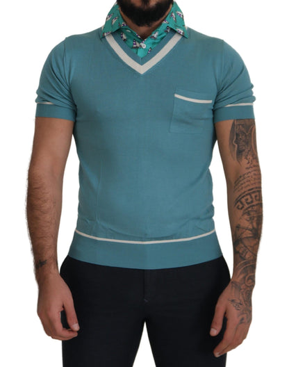 Dolce & Gabbana Blue Silk Polo Top Mens V-Neck 티셔츠