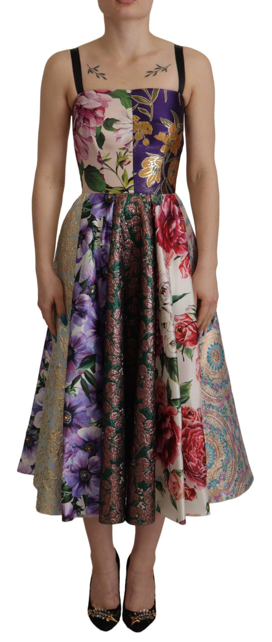 Dolce &amp; Gabbana Kleid Midi Patchwork Floral Jaquard Seide