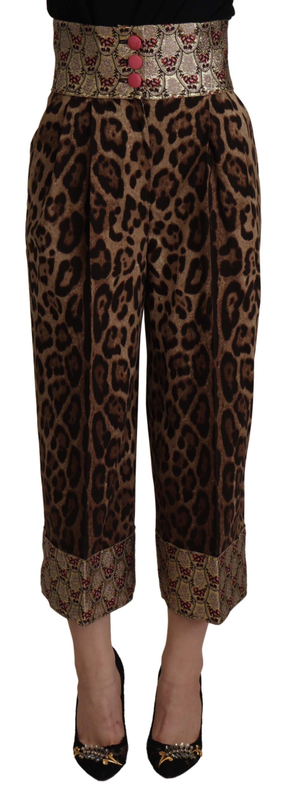 Dolce &amp; Gabbana – Braune, hoch taillierte Jacquard-Hose mit Leoparden- und Goldmuster