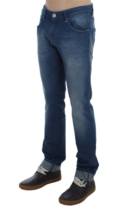 Acht Slim-Fit-Jeans aus Denim-Baumwollstretch in blauer Waschung