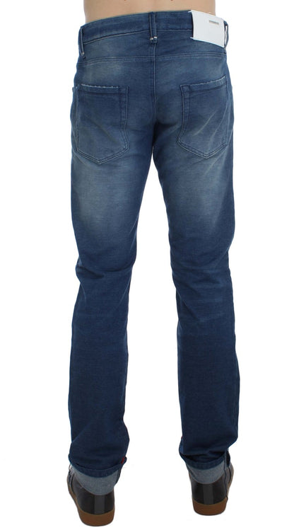 Acht Slim-Fit-Jeans aus Denim-Baumwollstretch in blauer Waschung