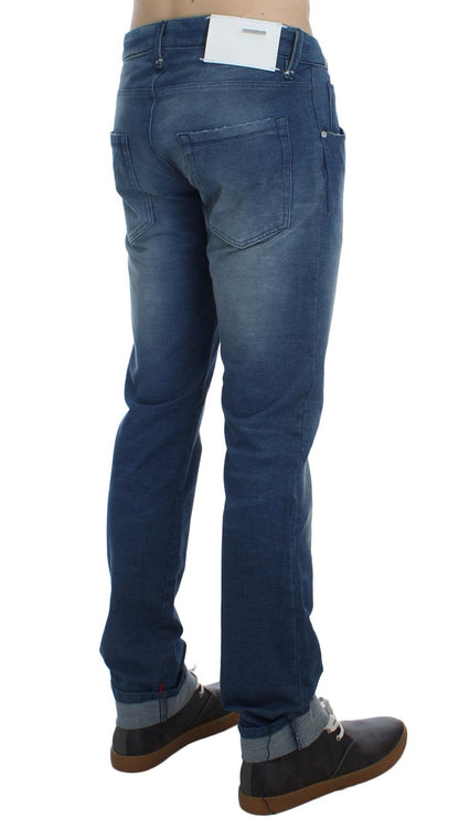 Acht Slim-Fit-Jeans aus Denim-Baumwollstretch in blauer Waschung