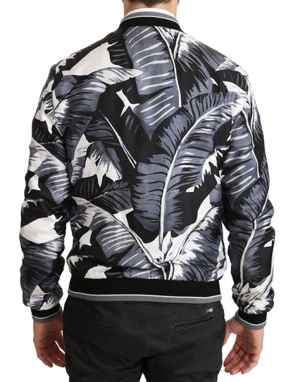 Dolce & Gabbana Black Silk Banana Leaf Print Bomber Jacket