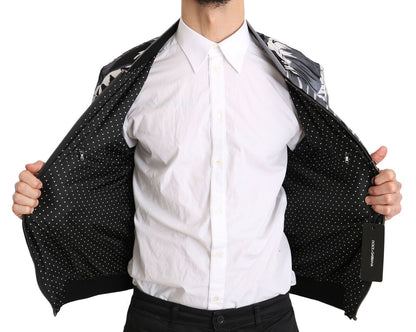 Dolce & Gabbana Black Silk Banana Leaf Print Bomber Jacket