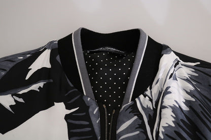 Dolce & Gabbana Black Silk Banana Leaf Print Bomber Jacket