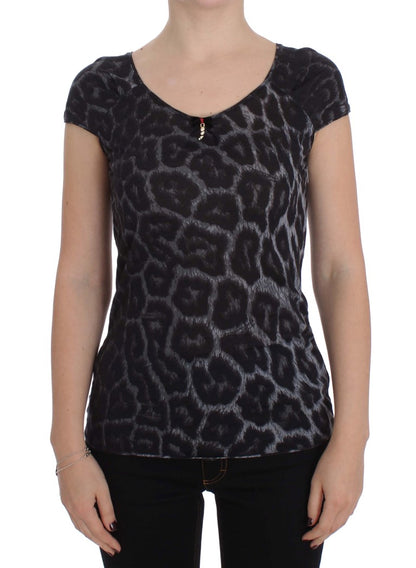 Cavalli Graues T-Shirt-Blusenoberteil aus Modal mit Leopardenmuster