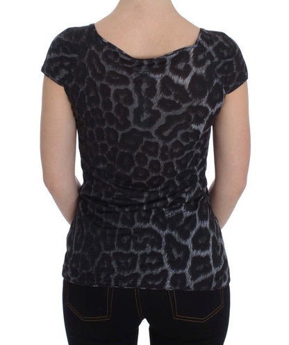 Cavalli Graues T-Shirt-Blusenoberteil aus Modal mit Leopardenmuster