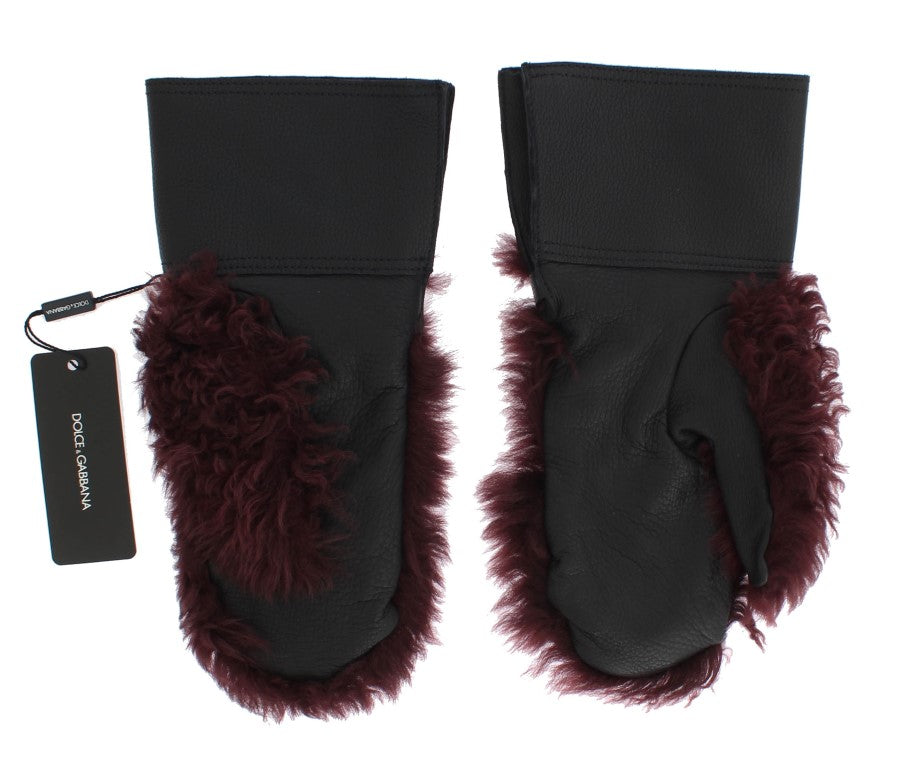 Dolce & Gabbana Black Leather Bordeaux Shearling 장갑