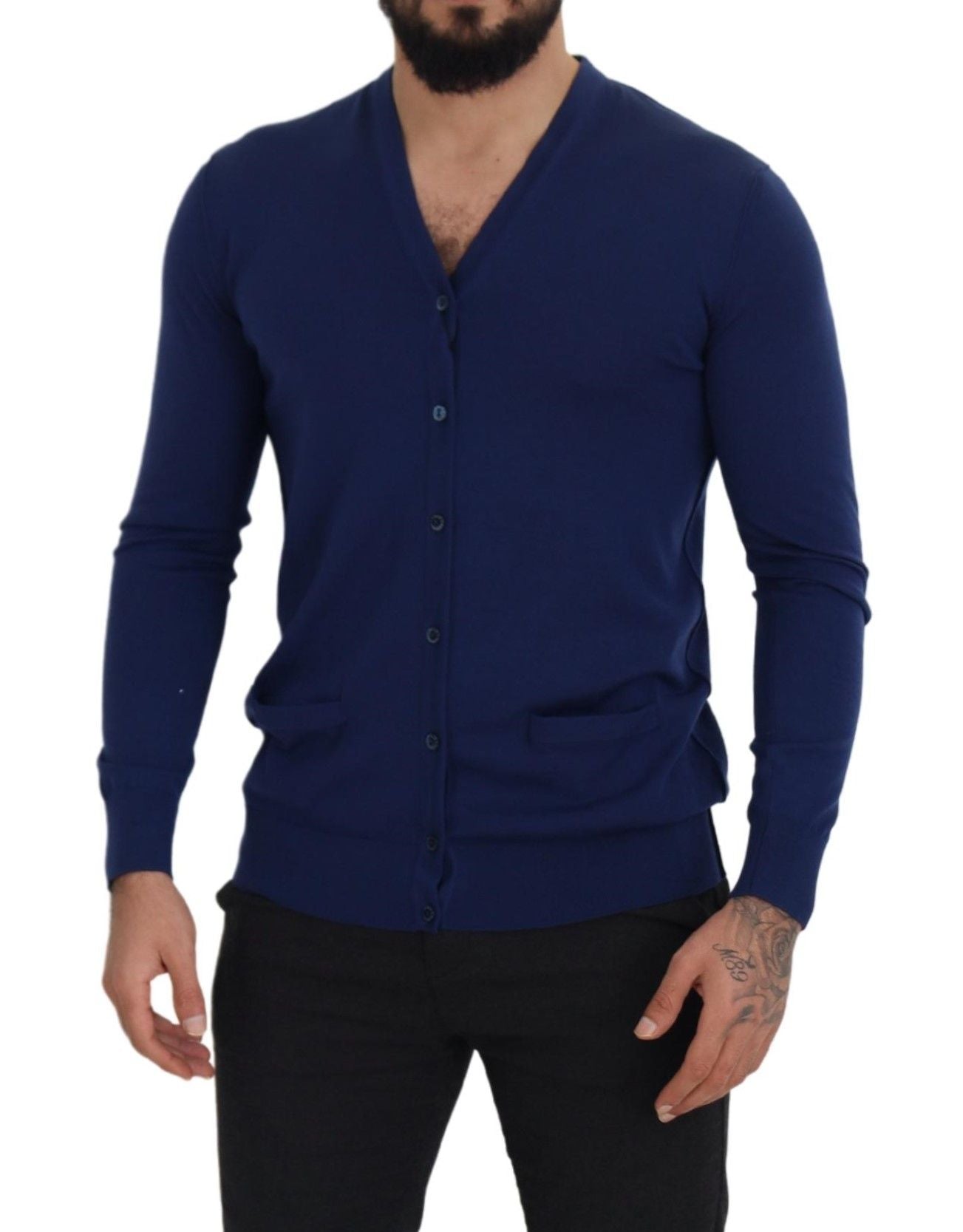 Dolce & Gabbana Blue Wool V-Neck Button Down Cardigan 스웨터