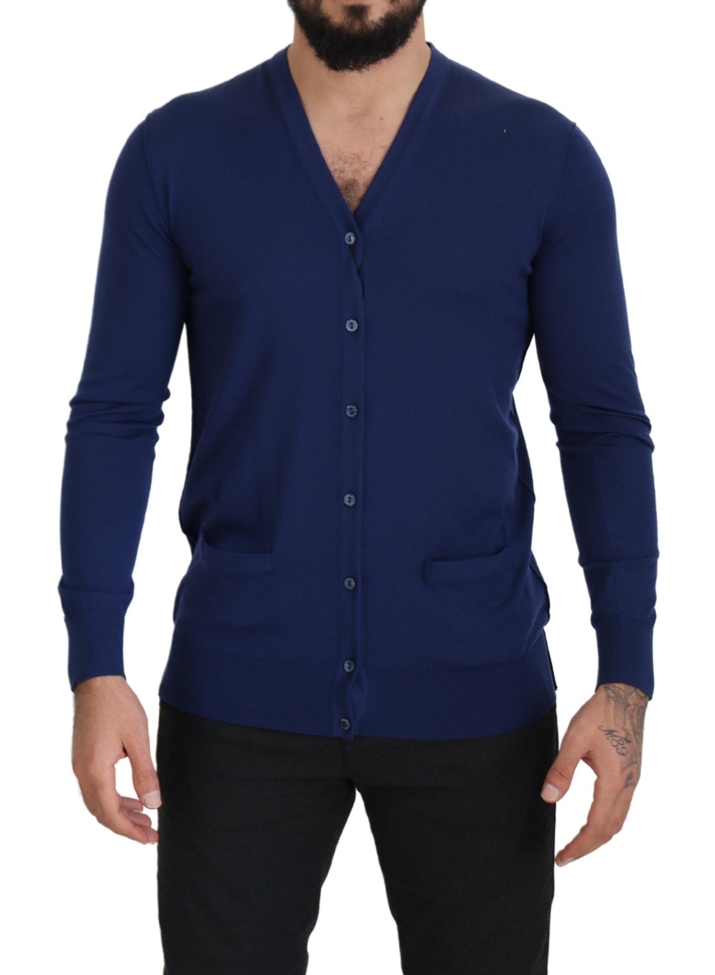 Dolce & Gabbana Blue Wool V-Neck Button Down Cardigan 스웨터