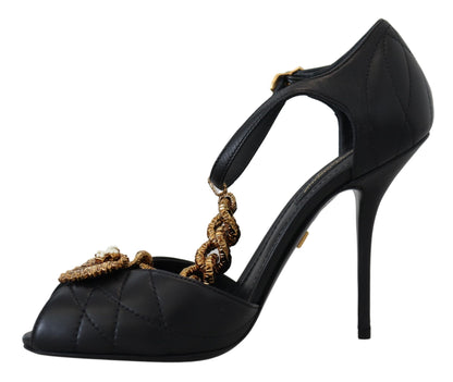 Dolce &amp; Gabbana schwarze Leder-Gold-Devotion-Herz-Sandalen-Schuhe