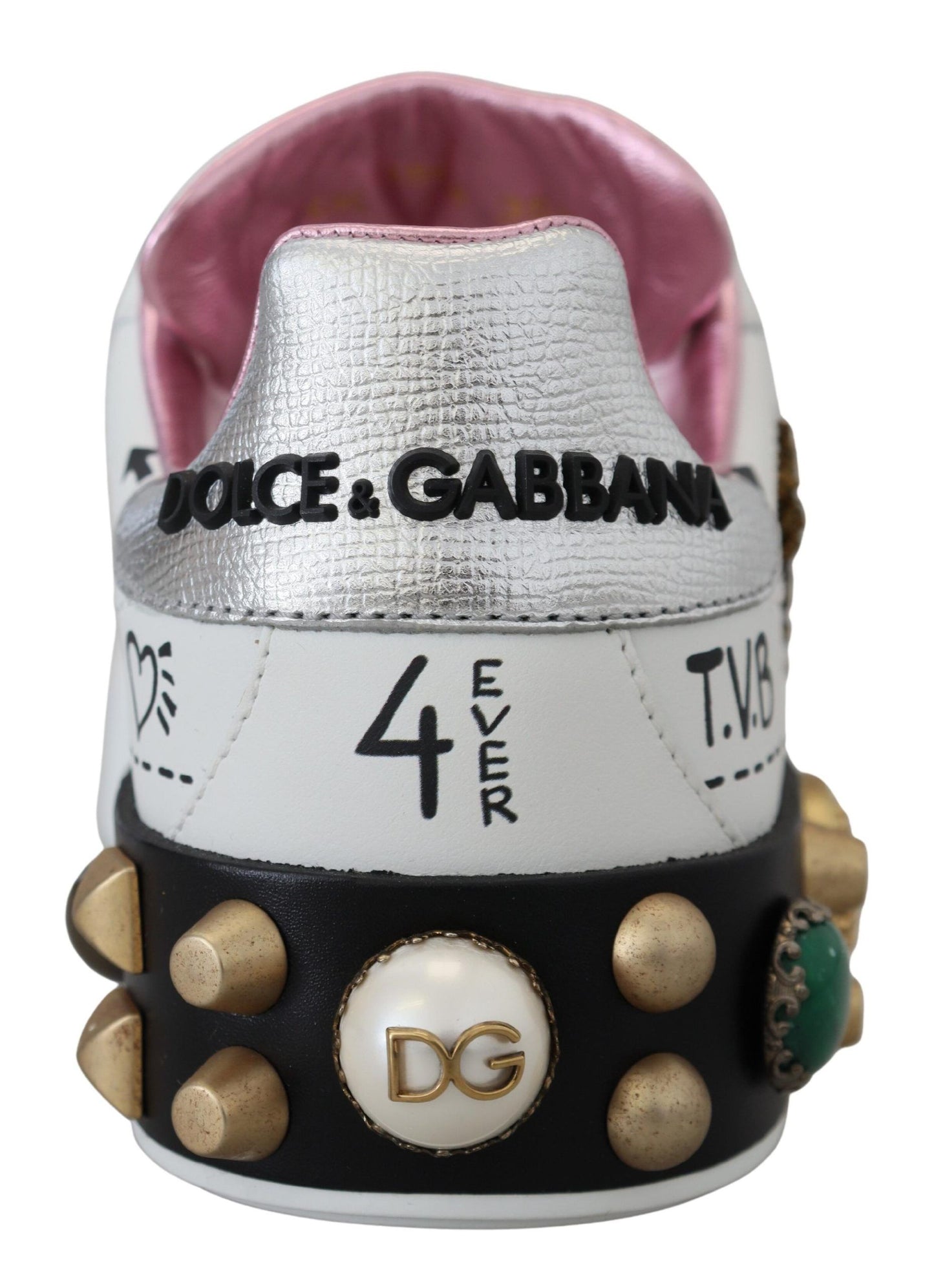 Dolce & Gabbana 화이트 가죽 크리스탈 퀸 크라운 운동화 신발