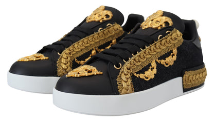 Dolce &amp; Gabbana Schwarz-goldene barocke Portofino-Leder-Sneaker-Schuhe