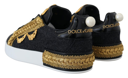 Dolce &amp; Gabbana Schwarz-goldene barocke Portofino-Leder-Sneaker-Schuhe