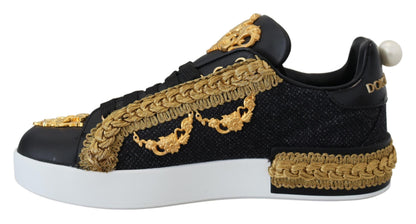 Dolce &amp; Gabbana Schwarz-goldene barocke Portofino-Leder-Sneaker-Schuhe