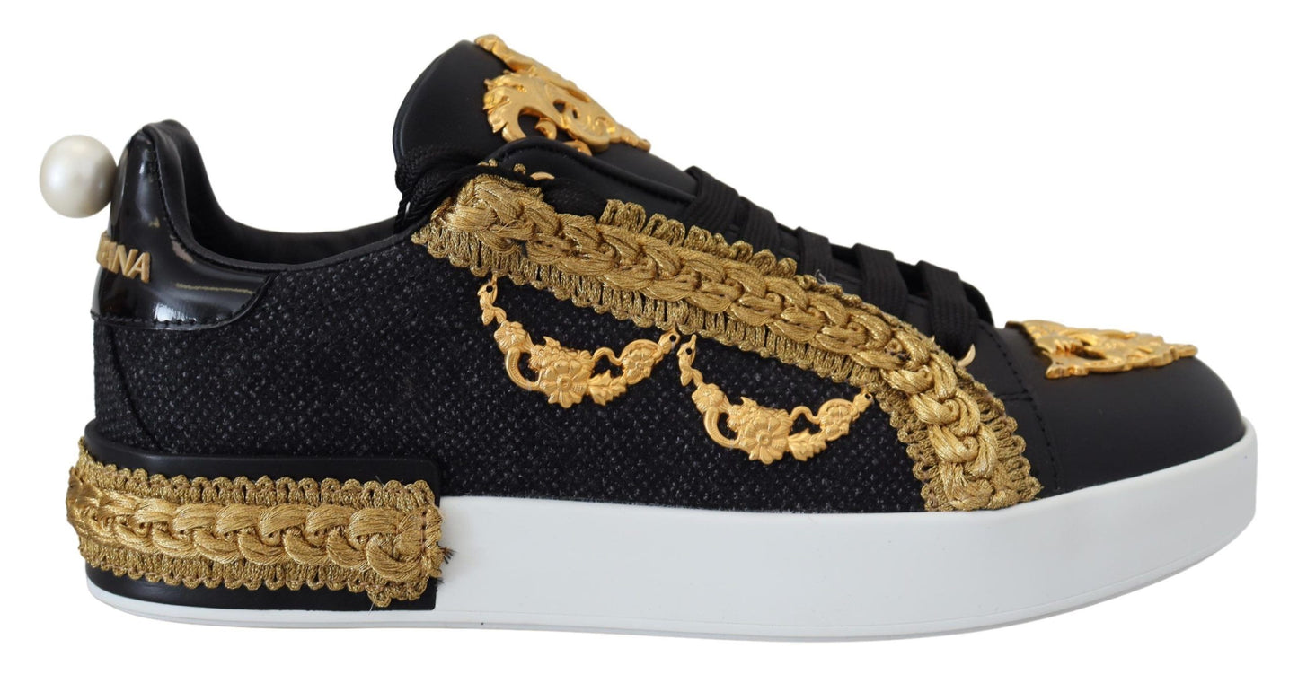 Dolce &amp; Gabbana Schwarz-goldene barocke Portofino-Leder-Sneaker-Schuhe