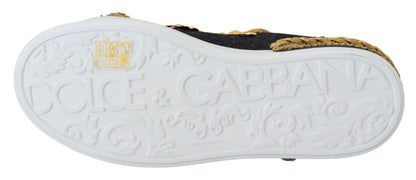 Dolce &amp; Gabbana Schwarz-goldene barocke Portofino-Leder-Sneaker-Schuhe