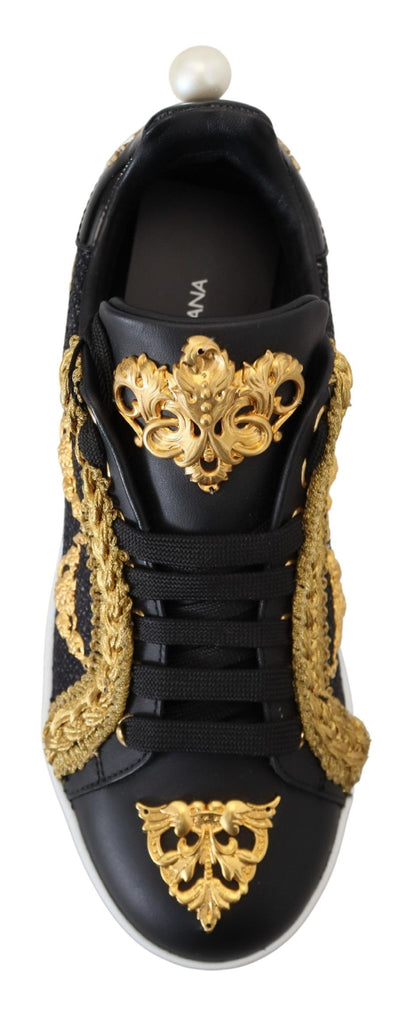 Dolce &amp; Gabbana Schwarz-goldene barocke Portofino-Leder-Sneaker-Schuhe