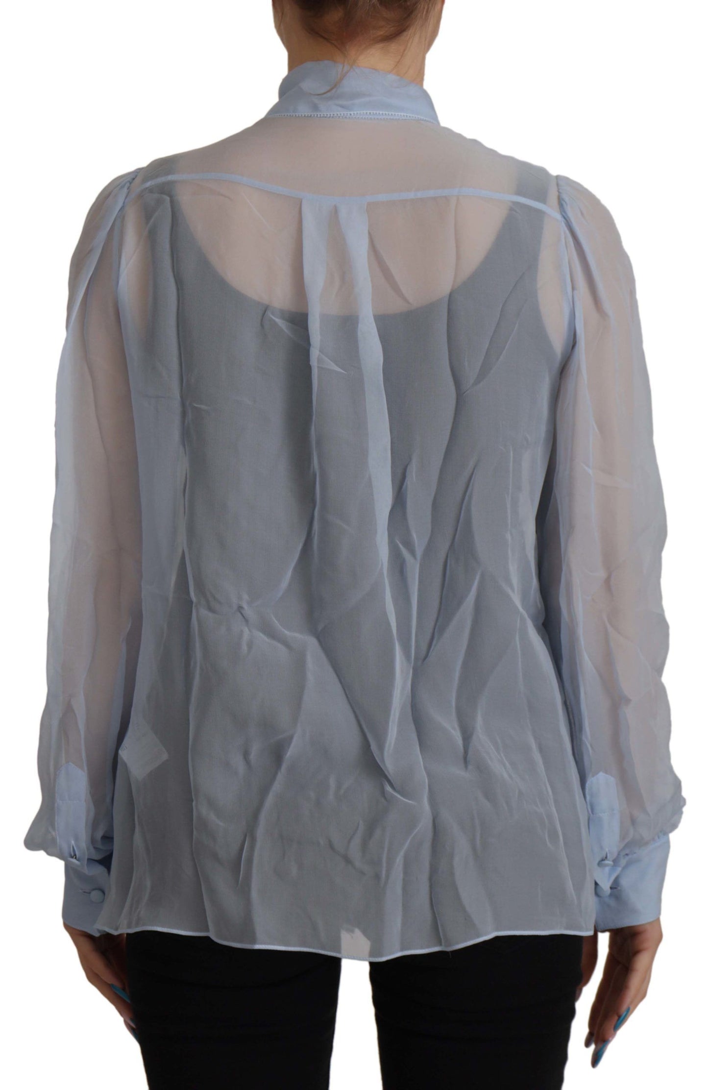 Dolce & Gabbana Light Blue Silk Ascot Collar Long Sleeves Top