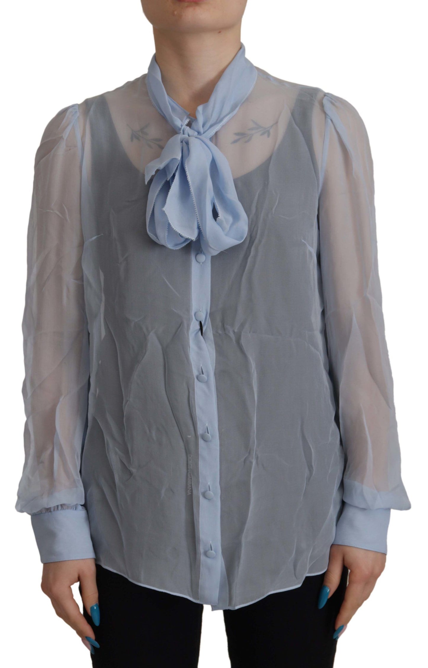 Dolce & Gabbana Light Blue Silk Ascot Collar Long Sleeves Top