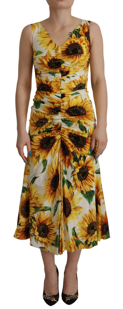 Dolce &amp; Gabbana Weißes Etuikleid aus Midi-Seide mit Sonnenblumenmuster