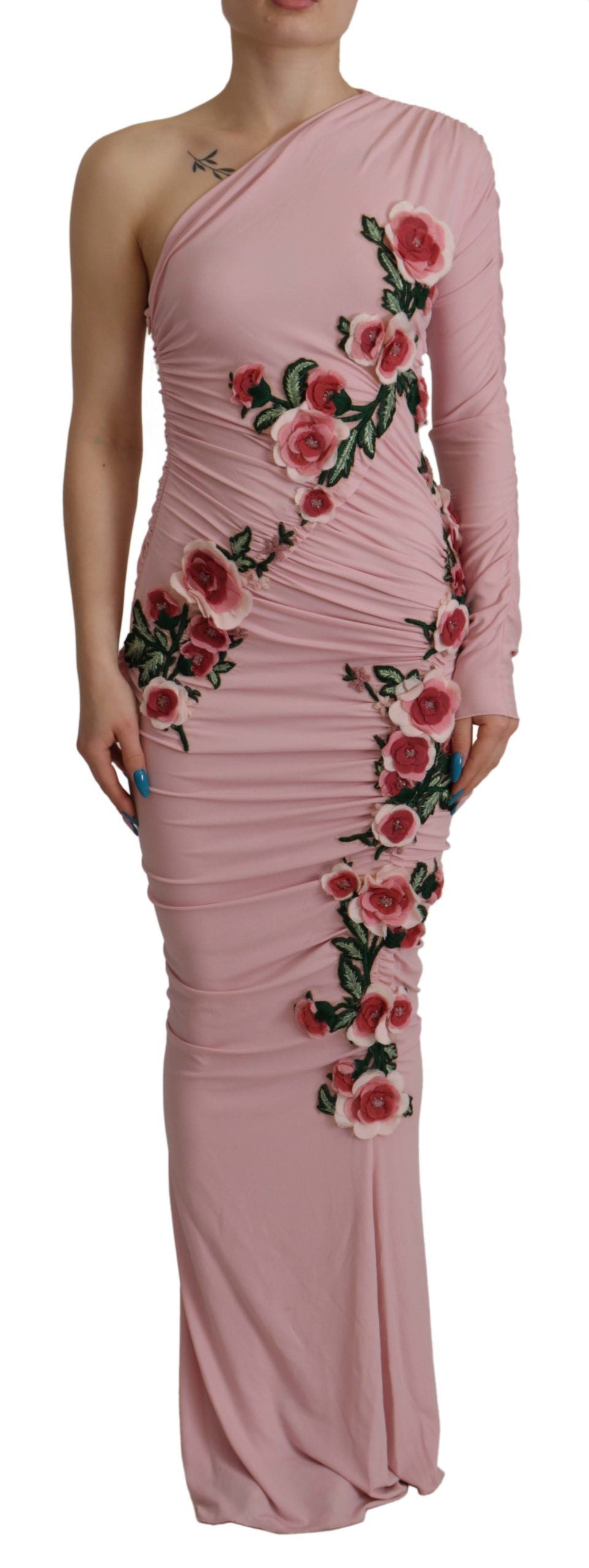 Dolce &amp; Gabbana One-Shoulder-Kleid mit rosa Blumenverzierung