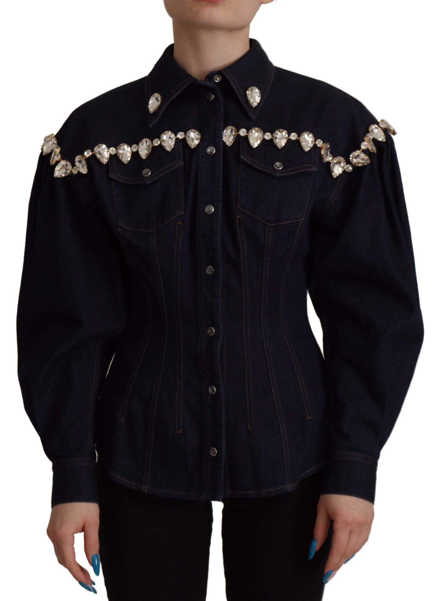 Dolce & Gabbana Blue Denim Crystal Impellish Cotton Jacket