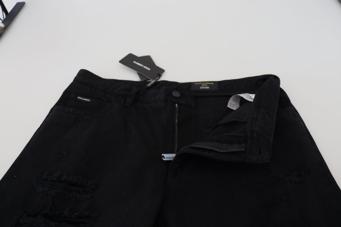 Dolce &amp; Gabbana Schwarze, lockere, reguläre, zerrissene Baumwolljeans