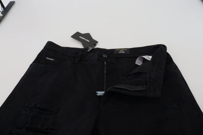 Dolce &amp; Gabbana Schwarze, lockere, reguläre, zerrissene Baumwolljeans