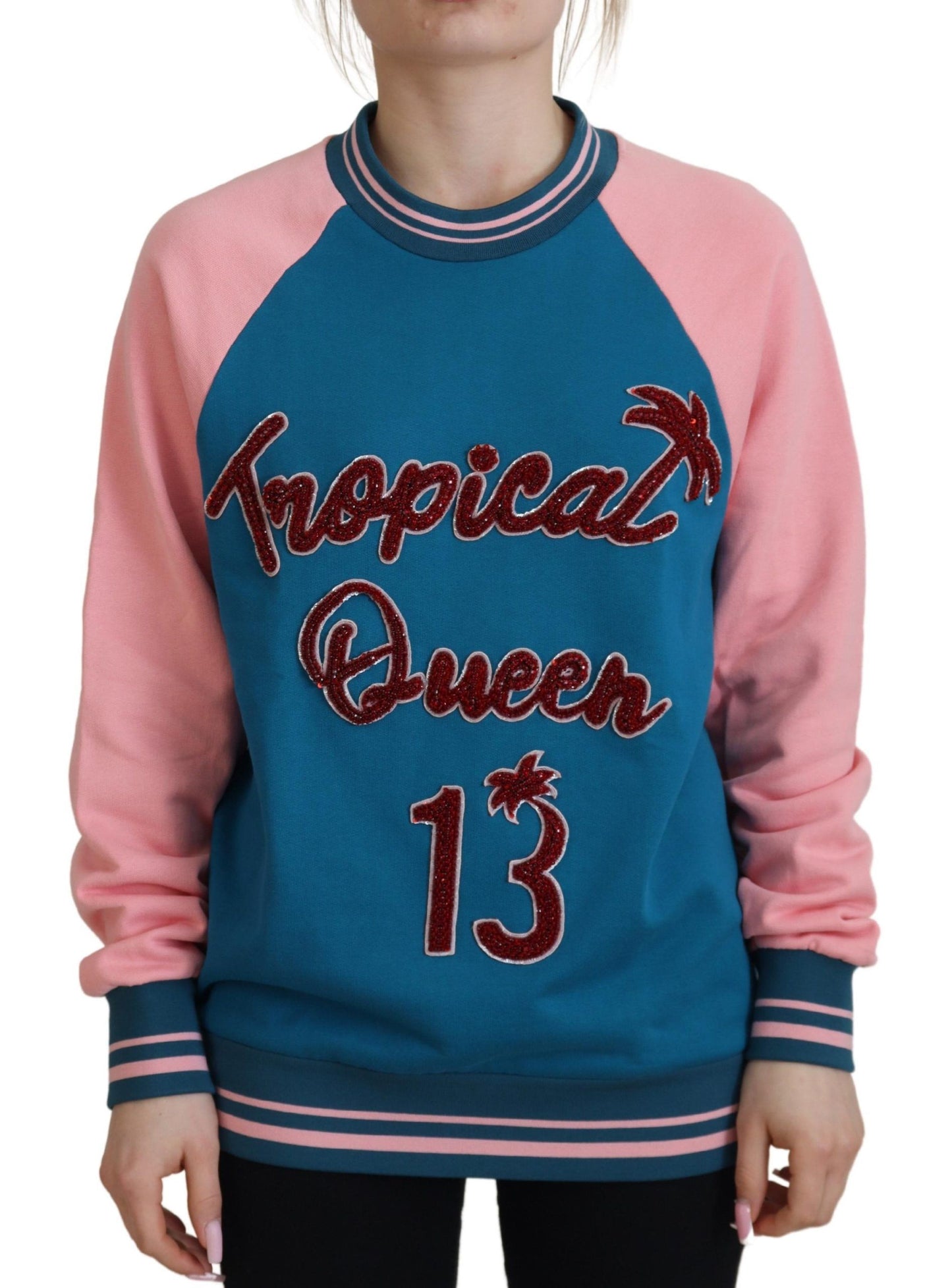 Dolce &amp; Gabbana Blue Pink Queen Pailletten-Kristallpullover