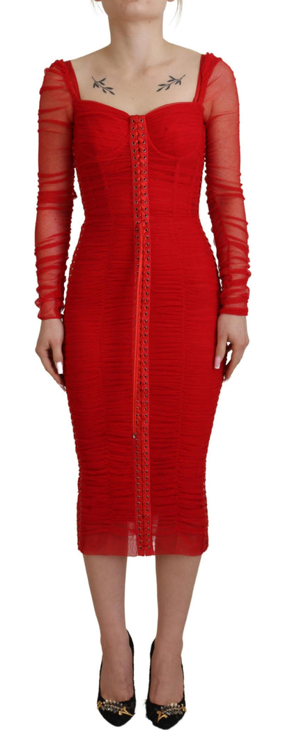 Dolce & Gabbana Red Mesh Trim Bodycon Sheath Midi 드레스