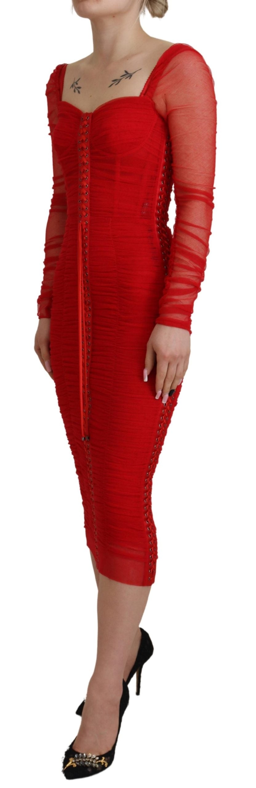 Dolce & Gabbana Red Mesh Trim Bodycon Sheath Midi 드레스