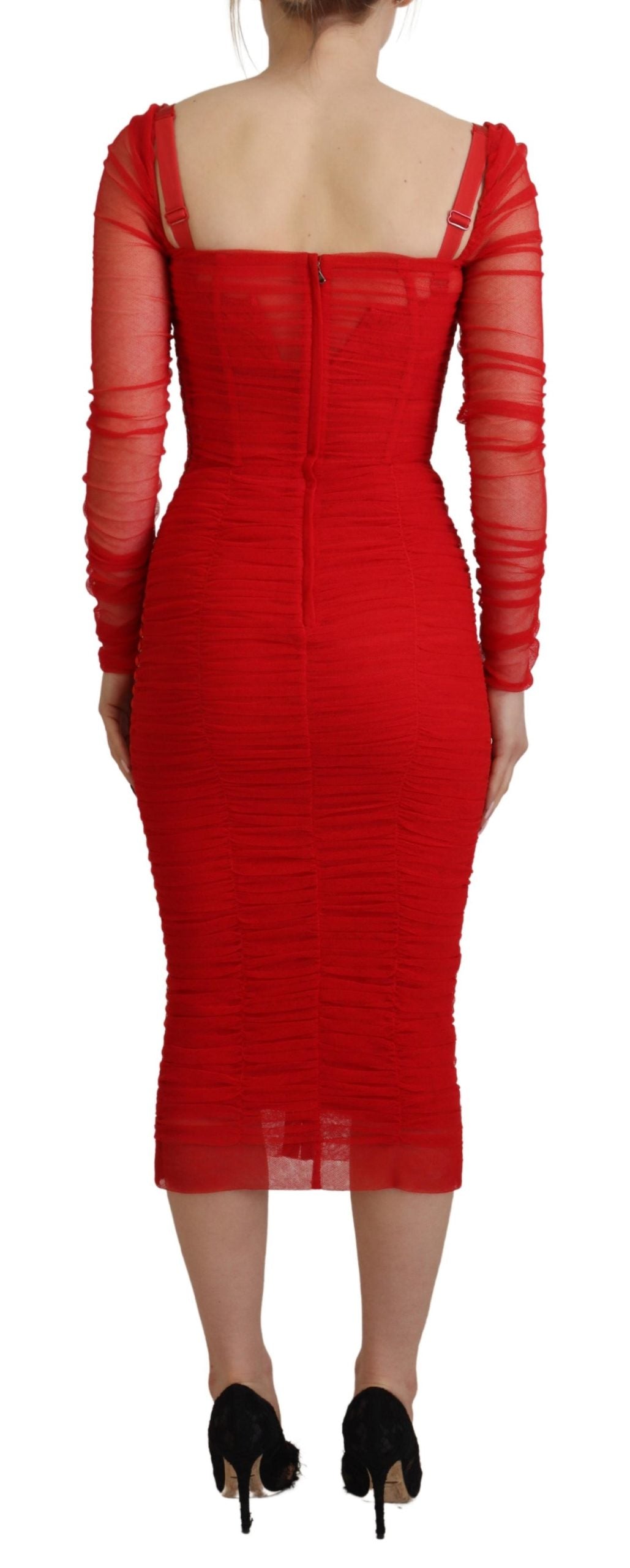 Dolce & Gabbana Red Mesh Trim Bodycon Sheath Midi 드레스