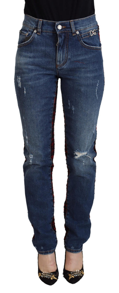 Dolce &amp; Gabbana – Blaue Skinny-Denim-Jeans mit kariertem Rücken