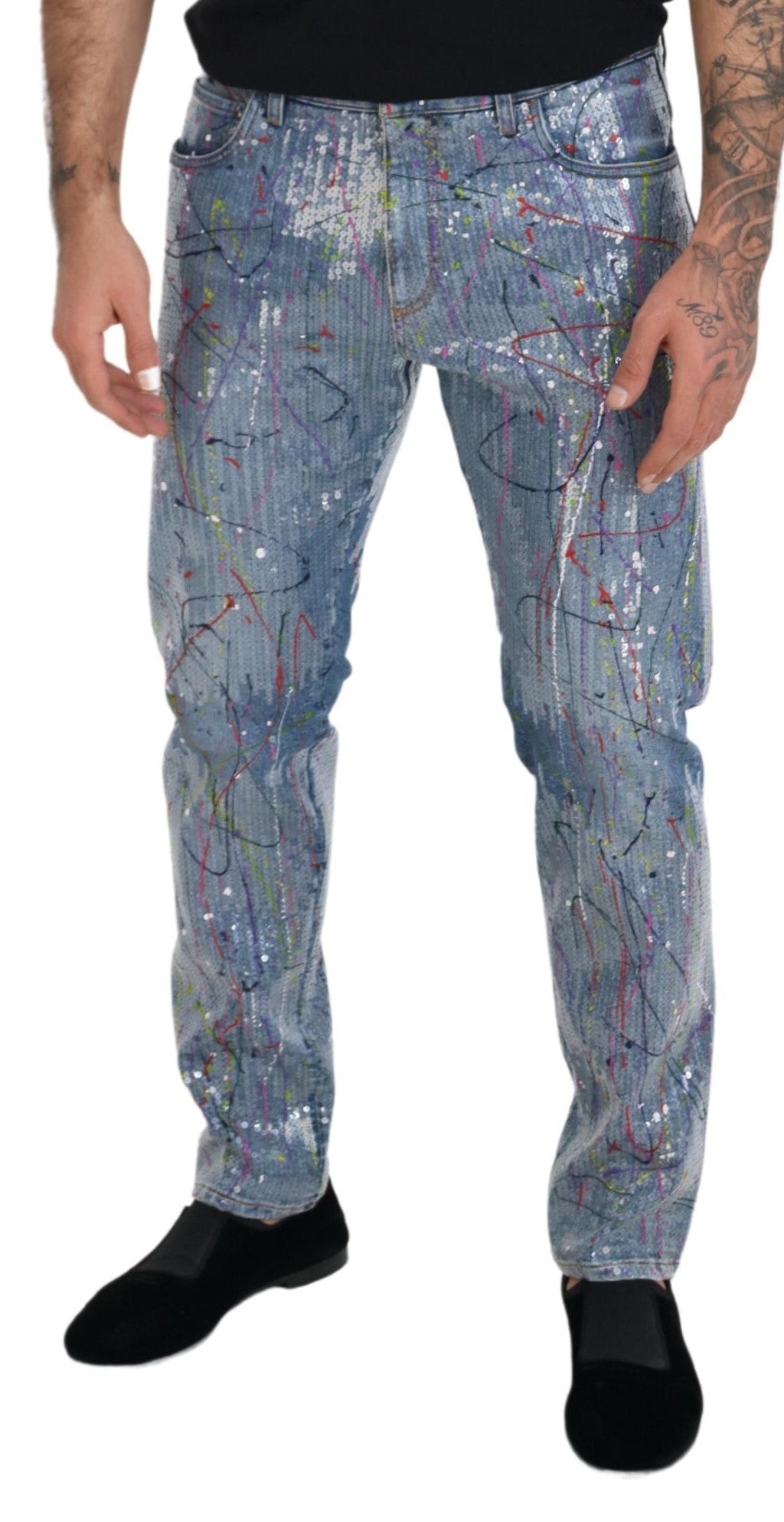 Dolce &amp; Gabbana Denim-Jeans aus blauem Baumwoll-Farbspritzer-Print