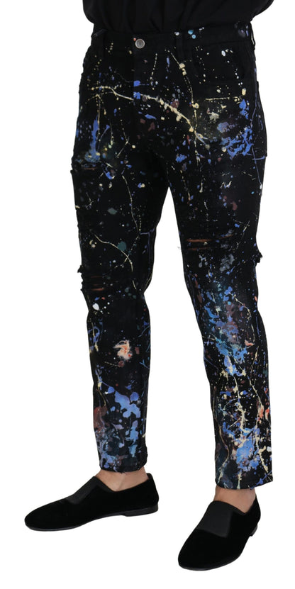 Dolce &amp; Gabbana Denim-Jeans aus schwarzem Baumwoll-Farbspritzer-Print