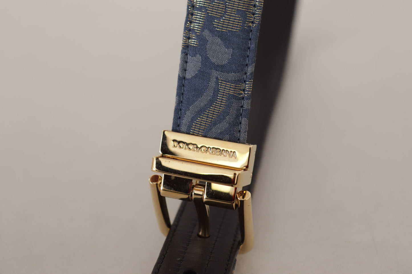 Dolce & Gabbana Navy Blue Jacquard Gold Tone 로고 금속 버클 벨트