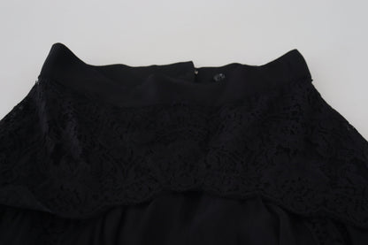 Dolce & Gabbana Black Silk Lace 트림 높은 허리 미디 스커트