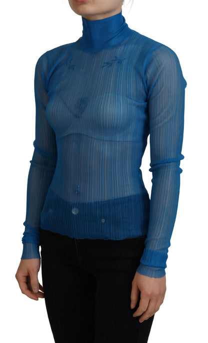 Dolce & Gabbana Blue Mesh Turtleneck Long Sleeve Blouse Top