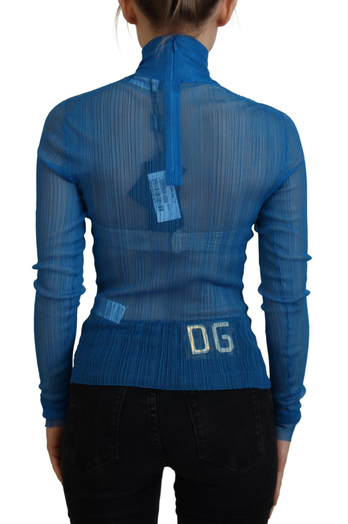 Dolce & Gabbana Blue Mesh Turtleneck Long Sleeve Blouse Top