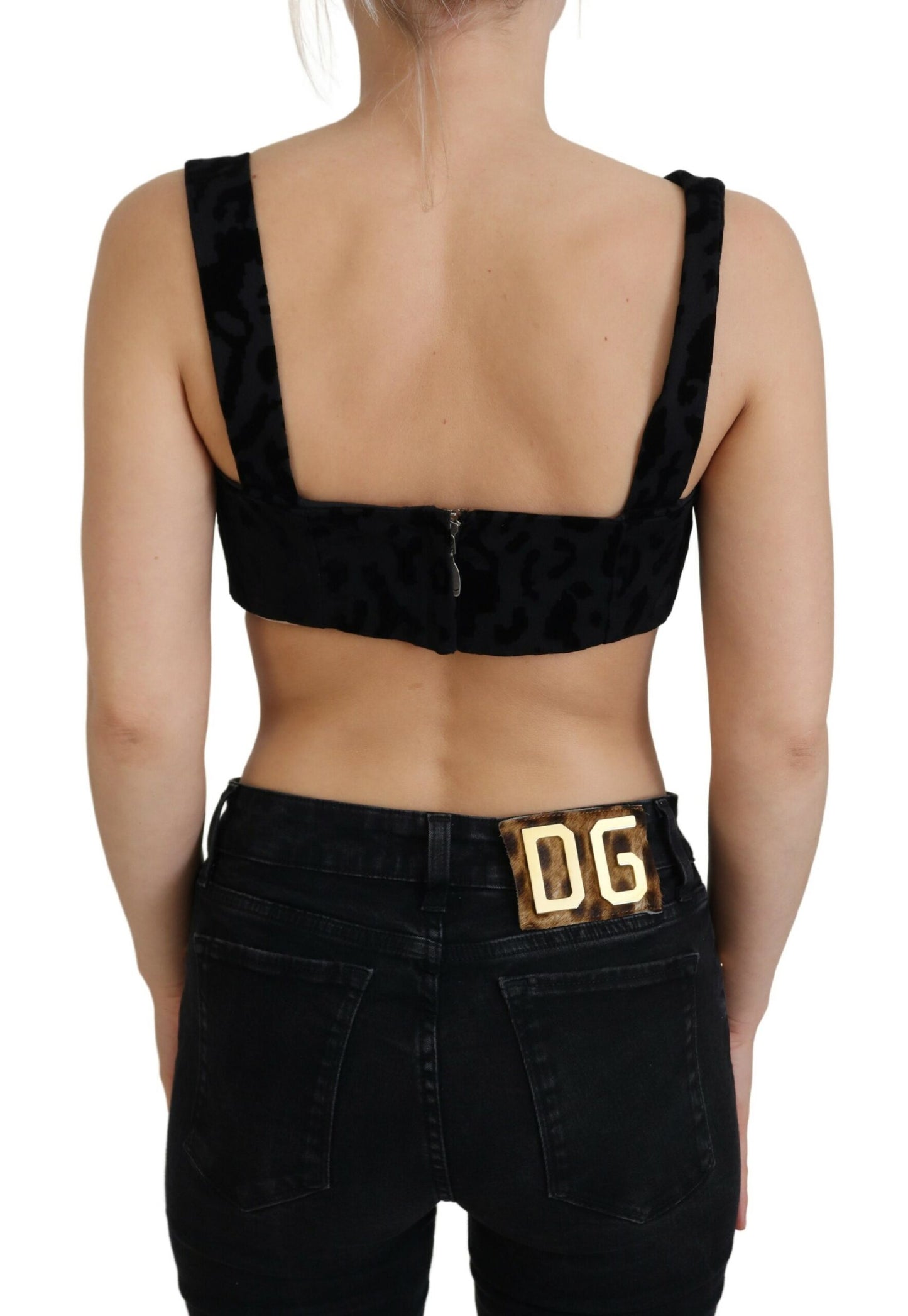 Dolce & Gabbana Black Leopard 잘린 Bustier Corset Bra Top