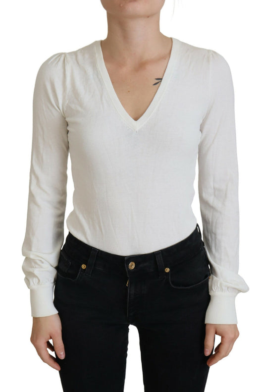 Patrizia Pepe Ivory V-Neck Long Sleeves Women Blouse Top