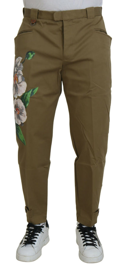 Dolce &amp; Gabbana Beige Baumwoll-Stretch-Chinohose mit Blumenmuster