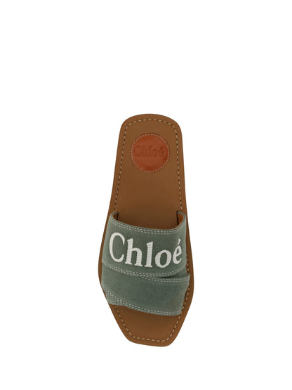 Chloé Forest Green Cotton Slides Woody Sandalen