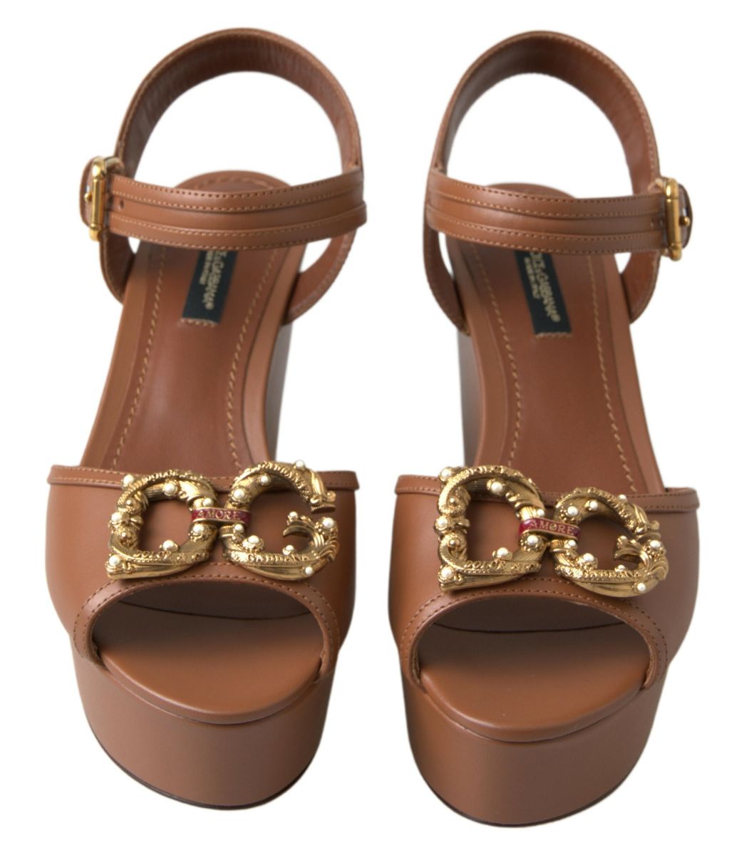 Dolce &amp; Gabbana braune Leder-AMORE-Wedges-Sandalen-Schuhe