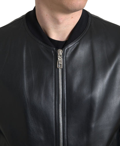 Dolce & Gabbana Black Leder Full Reißverschluss Bomber Männerjacke