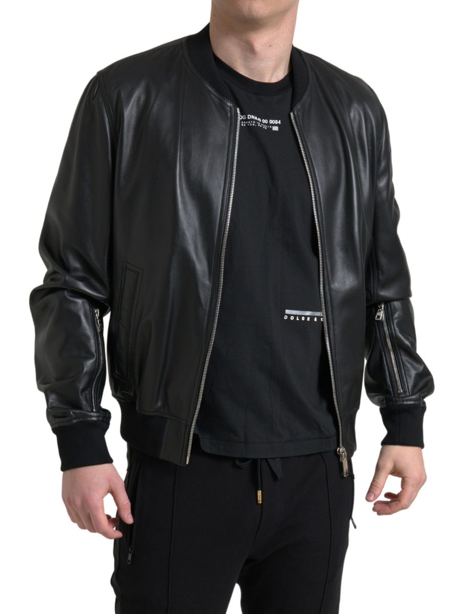 Dolce & Gabbana Black Leder Full Reißverschluss Bomber Männerjacke