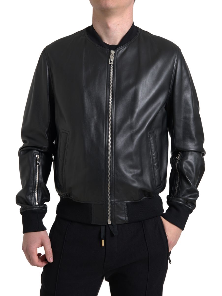 Dolce & Gabbana Black Leder Full Reißverschluss Bomber Männerjacke